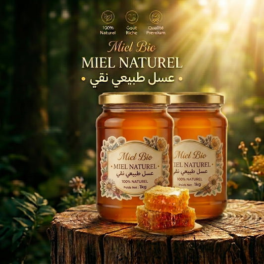 Miel Bio Naturel - deux pots sur souche en bois