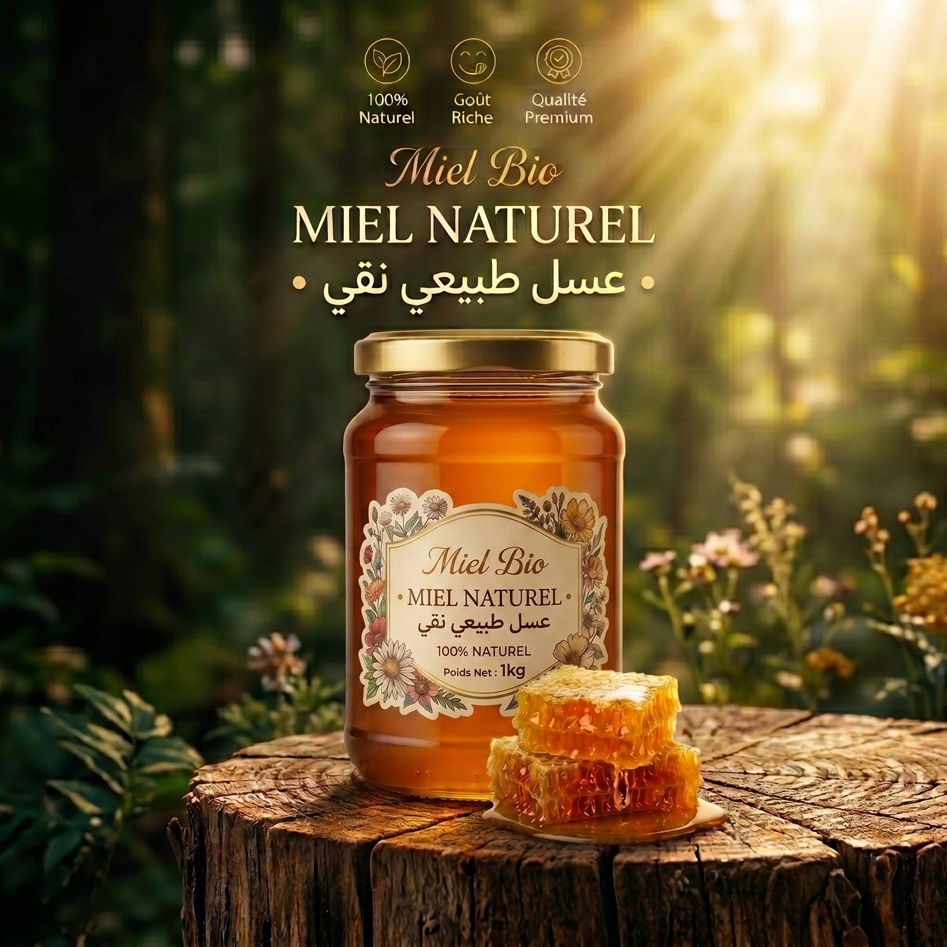 Miel Bio Naturel - pot unique sur souche en bois